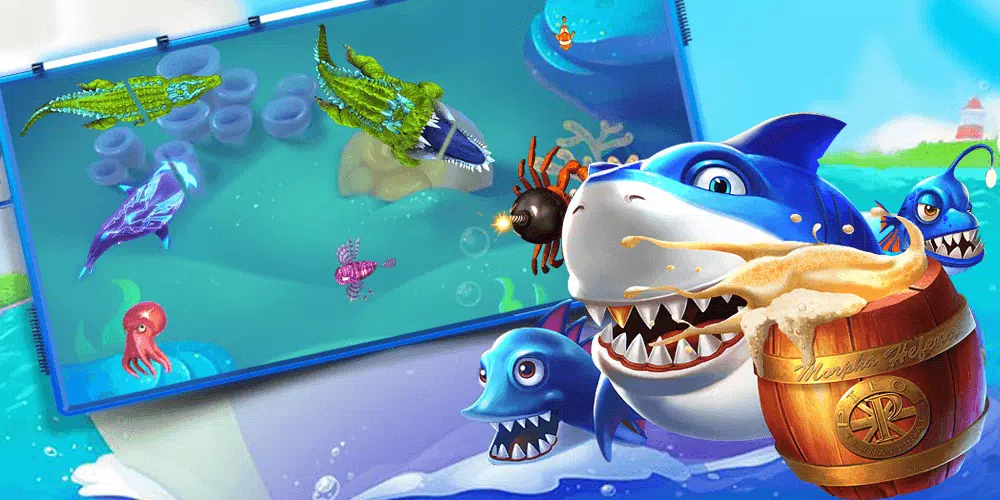 ฉากเกมยิงปลาใต้น้ำที่มีปลาหลากชนิดและปืนใหญ่บนหน้าจอ